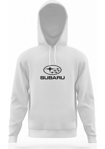 Araba Subaru Logo Beyaz Erkek Kapüşonlu Sweatshirt Uzun Kol