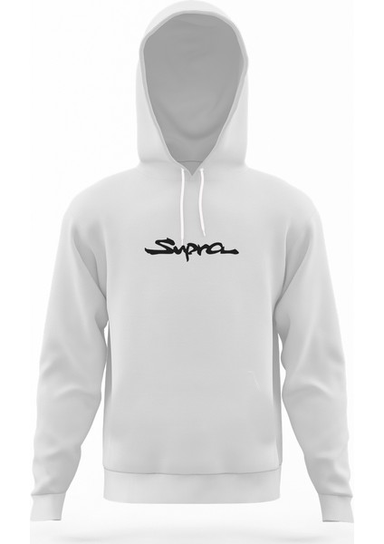 Araba Supra Logo Beyaz Erkek Kapüşonlu Sweatshirt Uzun Kol