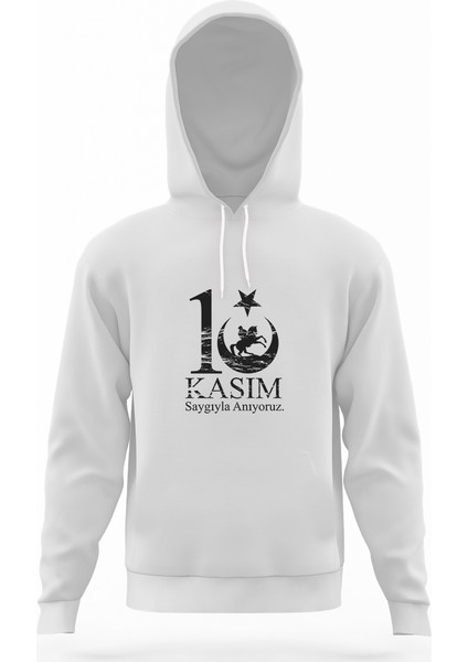 10 Kasım Sonsuzluk ve Suliyet Beyaz Erkek Kapüşonlu Sweatshirt Uzun Kol