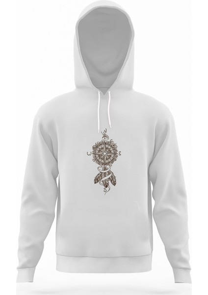 Dreamcatcher Pusula Beyaz Erkek Kapüşonlu Sweatshirt Uzun Kol