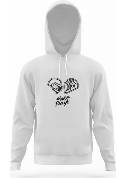 Daft Punk Helmet & Yazi Beyaz Erkek Kapüşonlu Sweatshirt Uzun Kol