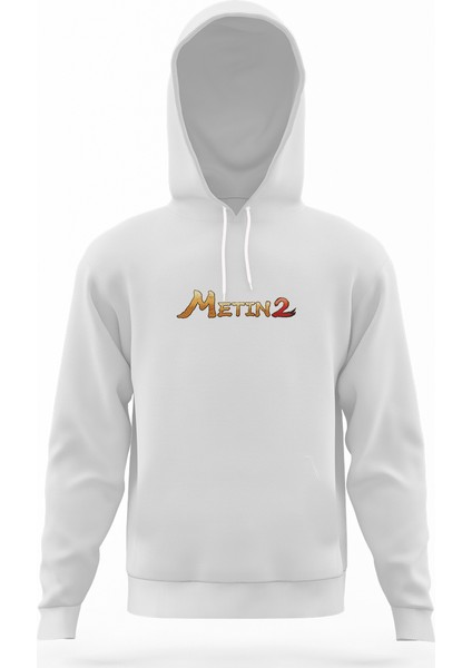 Metin2 Logo Beyaz Erkek Kapüşonlu Sweatshirt Uzun Kol