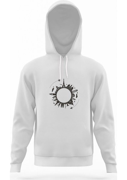 Silhouette Travel Globalization 2 Beyaz Erkek Kapüşonlu Sweatshirt Uzun Kol
