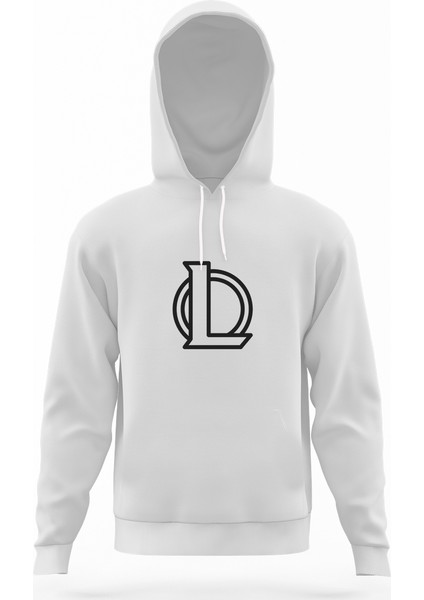 League Of Legends Logo Line Beyaz Erkek Kapüşonlu Sweatshirt Uzun Kol