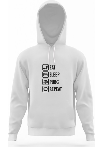 Pubg Eat Sleep Pubg Repeat Beyaz Erkek Kapüşonlu Sweatshirt Uzun Kol