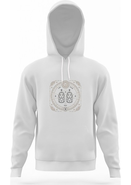 Burç Ikizler Gemini Beyaz Erkek Kapüşonlu Sweatshirt Uzun Kol