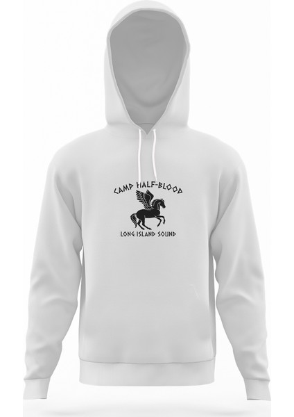 Camp Half Blood Long Island Sound Beyaz Erkek Kapüşonlu Sweatshirt Uzun Kol