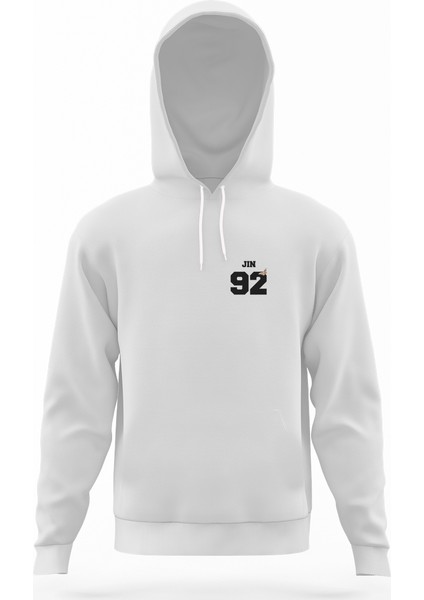 Bts Jin 92 Beyaz Erkek Kapüşonlu Sweatshirt Uzun Kol