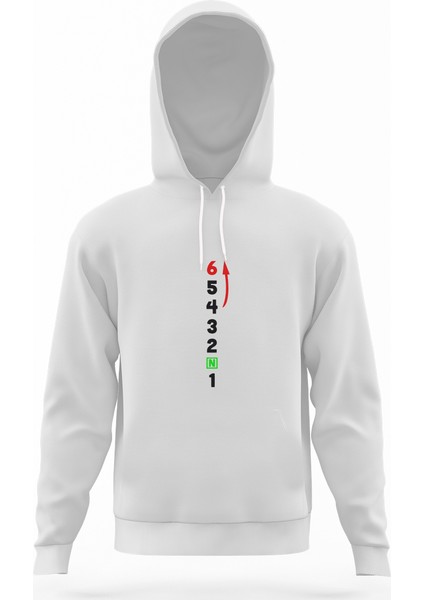 1N23456 Motor Ileri Beyaz Erkek Kapüşonlu Sweatshirt Uzun Kol