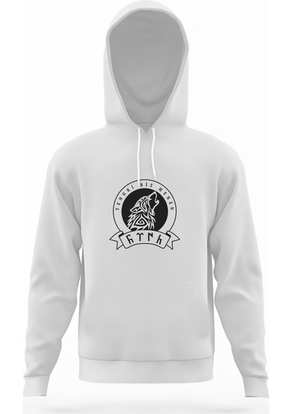 Göktürk Tengri Biz Menen Beyaz Erkek Kapüşonlu Sweatshirt Uzun Kol