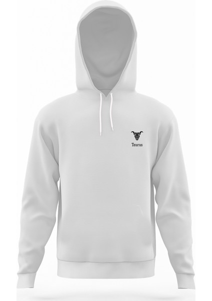 Boğa Burcu Beyaz Erkek Kapüşonlu Sweatshirt Uzun Kol