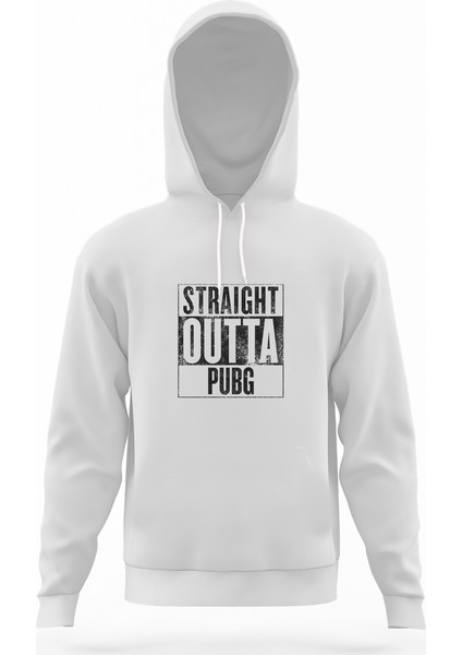 Pubg Straıght Outta Pubg Beyaz Erkek Kapüşonlu Sweatshirt Uzun Kol