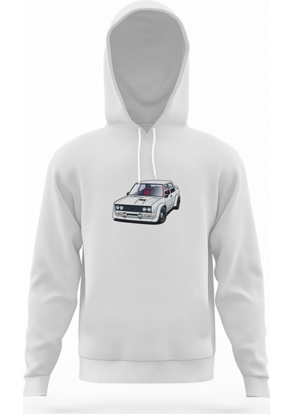 Fiat 131 Abarth Rally Beyaz Erkek Kapüşonlu Sweatshirt Uzun Kol
