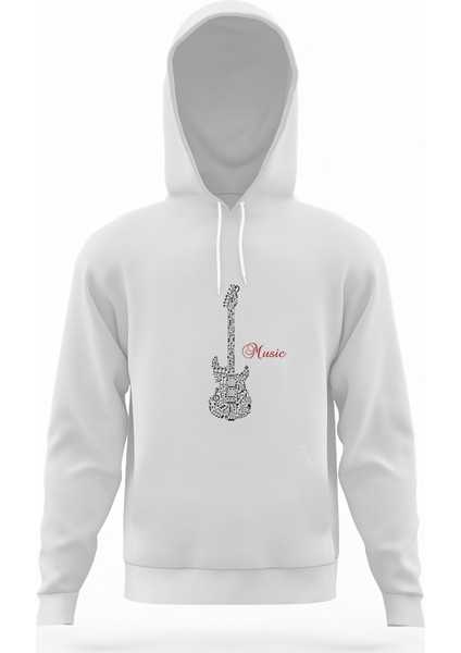 Notalar Gitar Music Müzik Beyaz Erkek Kapüşonlu Sweatshirt Uzun Kol
