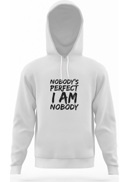 Nobodys Perfect I Am Nobody Beyaz Erkek Kapüşonlu Sweatshirt Uzun Kol