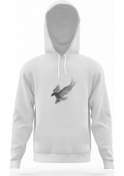 Kel Kartal Kuşu Kanatları Parçacıklar Beyaz Erkek Kapüşonlu Sweatshirt Uzun Kol