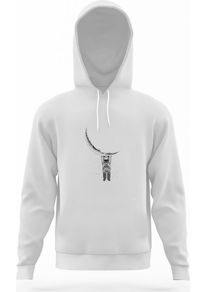 Astronot Aya Asılı Astronot Beyaz Erkek Kapüşonlu Sweatshirt Uzun Kol