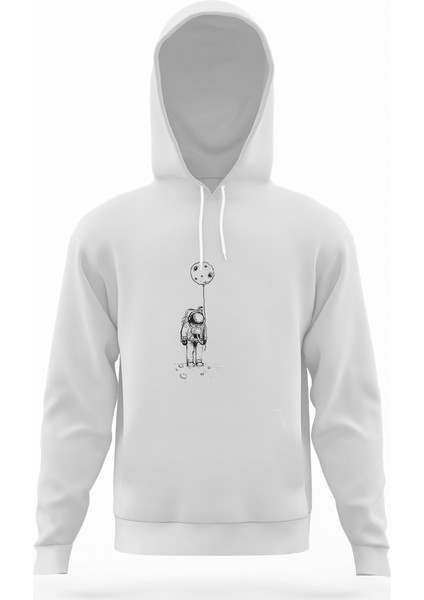 Astronot Uzay Balon Ay Beyaz Erkek Kapüşonlu Sweatshirt Uzun Kol