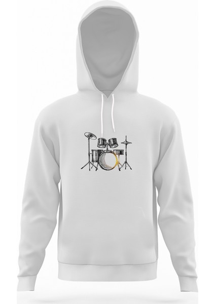 Bateri Drum Watercolor Beyaz Erkek Kapüşonlu Sweatshirt Uzun Kol