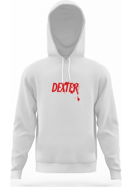 Dexter Red Logo Beyaz Erkek Kapüşonlu Sweatshirt Uzun Kol
