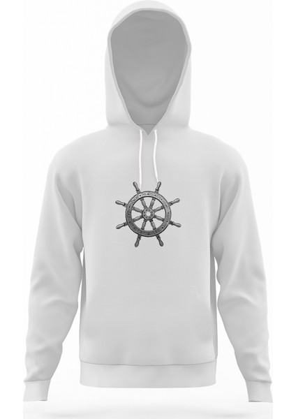 Gemi Dümeni Beyaz Erkek Kapüşonlu Sweatshirt Uzun Kol