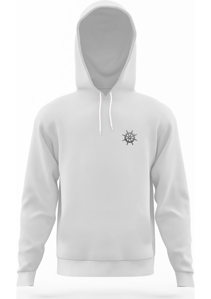 Gemi Dümeni Göğüs Beyaz Erkek Kapüşonlu Sweatshirt Uzun Kol