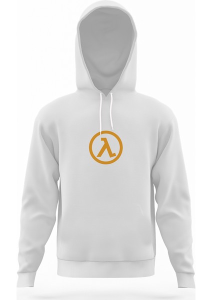 Half Life Logo Beyaz Erkek Kapüşonlu Sweatshirt Uzun Kol