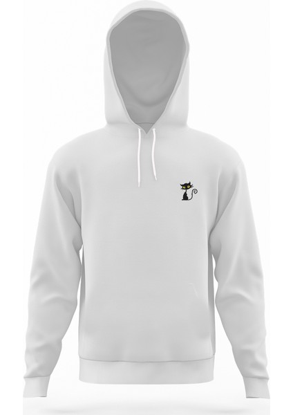 Kara Kedi Beyaz Erkek Kapüşonlu Sweatshirt Uzun Kol