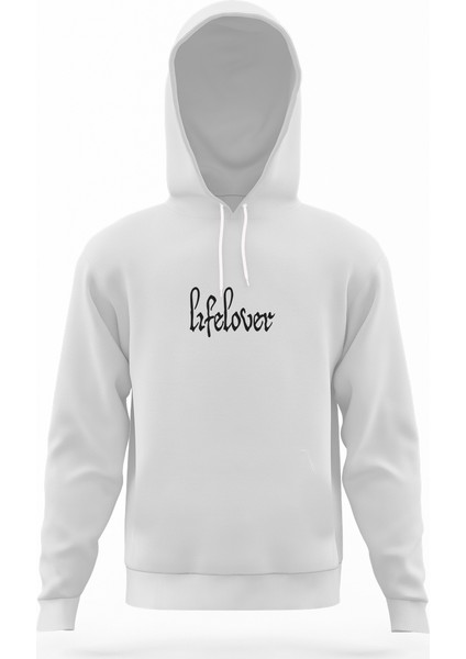 Lifelover Logo Beyaz Erkek Kapüşonlu Sweatshirt Uzun Kol