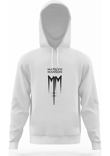 Marilyn Manson mm Beyaz Erkek Kapüşonlu Sweatshirt Uzun Kol