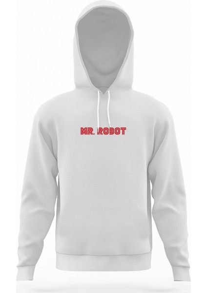 Mr Robot Beyaz Erkek Kapüşonlu Sweatshirt Uzun Kol