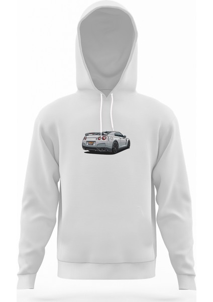 Nissan Gt R Arka Beyaz Erkek Kapüşonlu Sweatshirt Uzun Kol