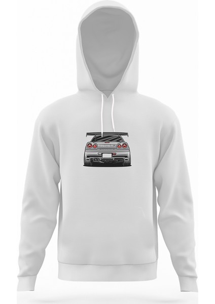 Nissan Skyline R 34 Beyaz Erkek Kapüşonlu Sweatshirt Uzun Kol