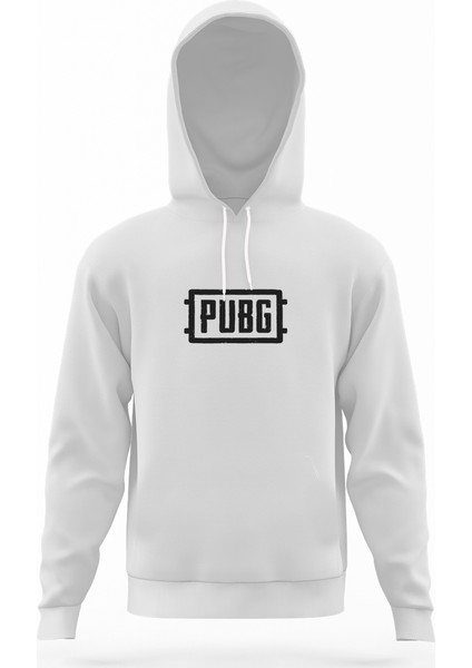 Pubg Logo Beyaz Erkek Kapüşonlu Sweatshirt Uzun Kol