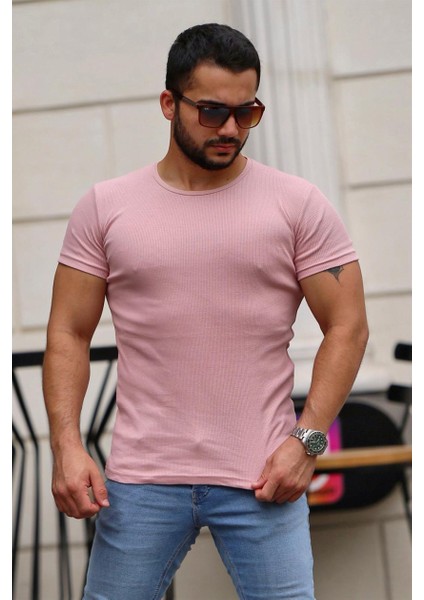 Bisiklet Yaka Pudra Basici Tişört 4077