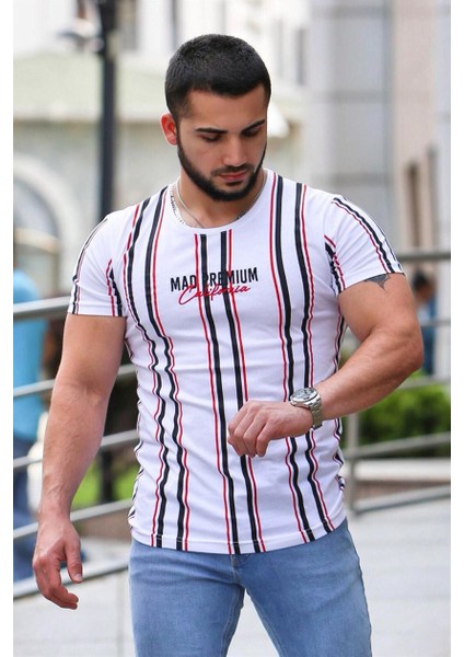 Baskılı Çizgi Detaylı Beyaz Tişört MAD4048