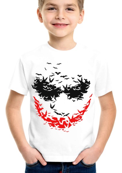 Yarasa Gülüşü Beyaz Kısa Kollu Kız Erkek Uniseks Çocuk T-Shirt