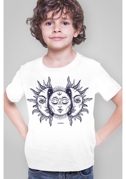 Ay Güneş Beyaz Kısa Kollu Kız Erkek Uniseks Çocuk T-Shirt