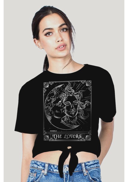Biz Ayrılamayız Siyah Kesik Crop Top Bağlı Kadın T-Shirt
