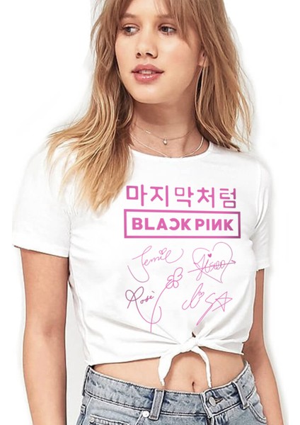 Dört Imza Beyaz Kesik Crop Top Bağlı Kadın T-Shirt