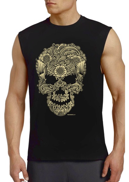 Dövme Kurukafa Siyah Kesik Kol Kolsuz Erkek T-Shirt Atlet