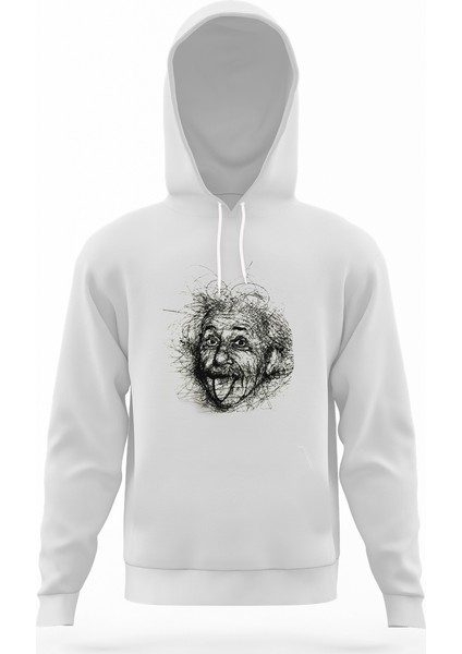 Albert Einstein Beyaz Erkek Örme Kapşonlu Sweatshirt Uzun Kol