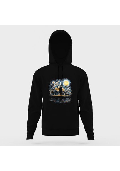 Sherlock Holmes Yıldızlı Gece Baskılı Siyah Erkek Örme Kapşonlu Sweatshirt Uzun Kol