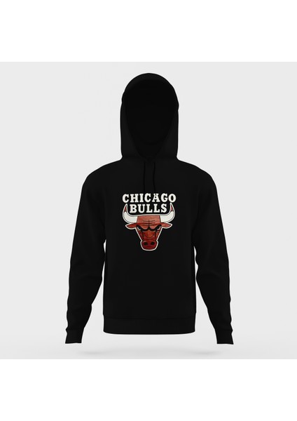 Chicago Bulls Basketboll Baskılı Siyah Erkek Örme Kapşonlu Sweatshirt Uzun Kol