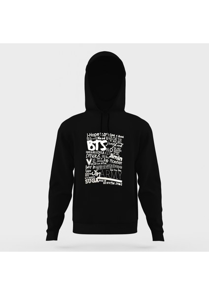 K-Pop Bts Baskılı Siyah Erkek Örme Kapşonlu Sweatshirt Uzun Kol