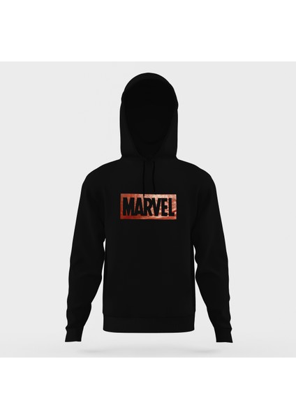 Marvel Baskılı Siyah Erkek Örme Kapşonlu Sweatshirt Uzun Kol