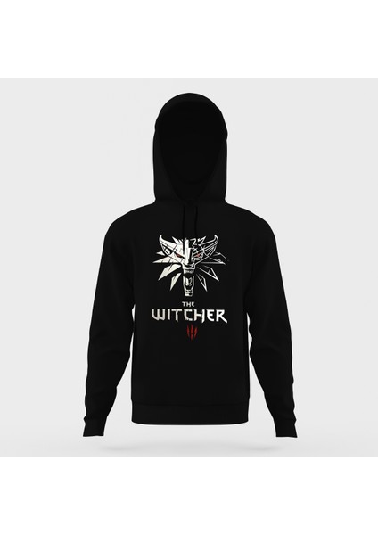 The Witcher Baskılı Siyah Erkek Örme Kapşonlu Sweatshirt Uzun Kol