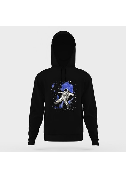 Uzay Astronot Boşluk Baskılı Siyah Erkek Örme Kapşonlu Sweatshirt Uzun Kol