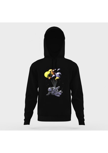 Uzay Astronot Balonlu Baskılı Siyah Erkek Örme Kapşonlu Sweatshirt Uzun Kol