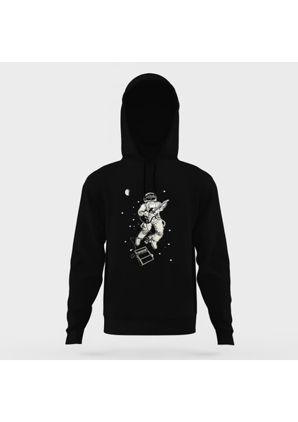 Uzay Astronot Gitar Baskılı Siyah Erkek Örme Kapşonlu Sweatshirt Uzun Kol